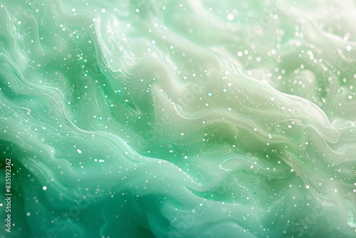 An abstract representation of swirling liquid in beautiful shades of green with sparkling white particles