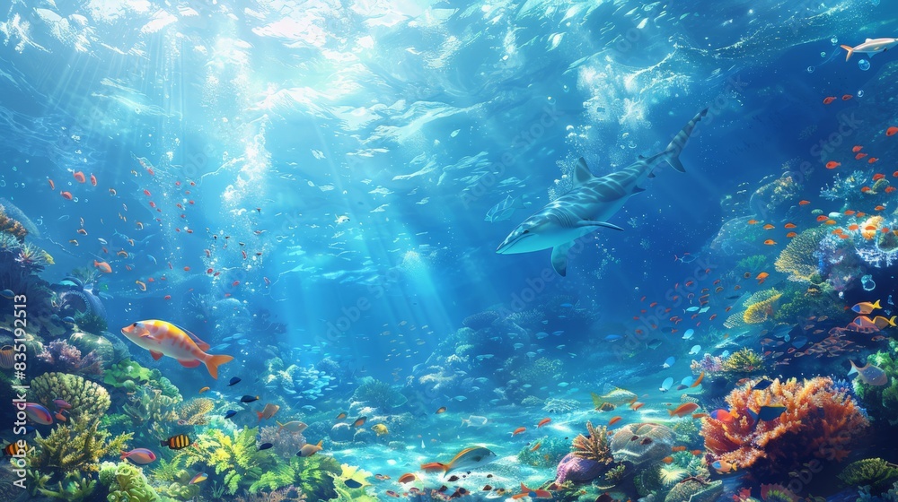 Fototapeta premium Underwater Adventure: Illustrate an exciting underwater adventure with divers, coral reefs, and exotic marine life, perfect for travel blogs and conservation campaigns.