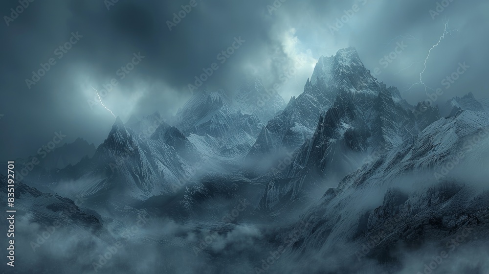 Mountain range with jagged peaks, swirling fog, and a stormy sky filled with thunderclouds Mountain range with jagged peaks, swirling fog, and a stormy sky filled with thunderclouds