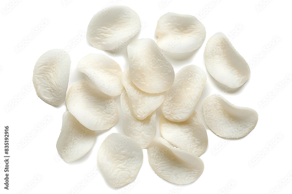 White rice chips top view isolated on white background White rice chips top view isolated on white background