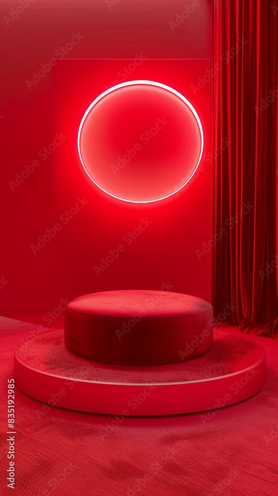 Vibrant Modern Red Podium with Round Platform and Dramatic Lighting