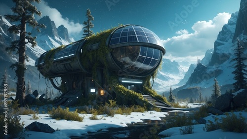 Game art showing cyber technical layout of buildings constituting a research station on a very frosty planet, in the background you can see even apocalyptic mountains, which are covered by frozen snow