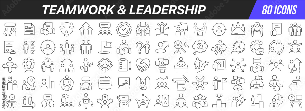 Teamwork and leadership line icons collection. Big UI icon set in a flat design. Thin outline icons pack. Vector illustration EPS10 Teamwork and leadership line icons collection. Big UI icon set in a flat design. Thin outline icons pack. Vector illustration EPS10