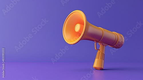 Orange megaphone on a purple background symbolizing communication, announcement, or advertisement with vibrant contrasting colors. 3D Illustration.