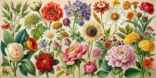 Vintage botanical s of colorful flowers and floral plants , retro, graphic design, vintage, artwork, botanical, s, flowers, floral, plants, retro design, vintage artwork, botanical art photo