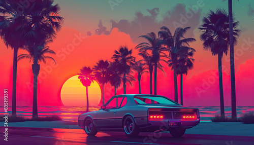 Retro, vintage 90s car driving by beach during sunset. 3D 80s retro wave, futuristic, clear, simple, beautiful, isolated, futurism, background, template, texture, sci-fi, palm trees photo