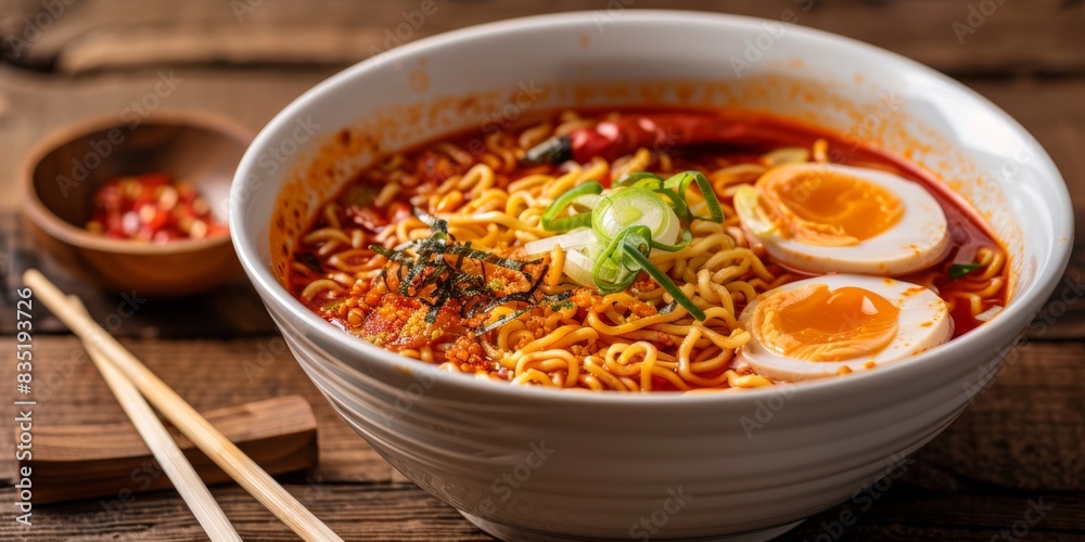 Spicy ramen with soft-boiled egg and fresh garnishes Spicy ramen with soft-boiled egg and fresh garnishes