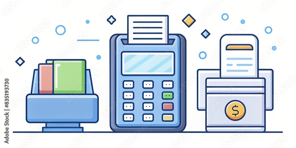 Pos Sign Cartoon background with render of POS terminal icon, receipt, credit card ...