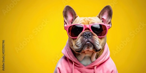 Stylish French Bulldog in pink hoodie and sunglasses posing against yellow backdrop, French Bulldog, stylish, pink, hoodie, sunglasses, posing, yellow, backdrop, cute, trendy, fashionable
