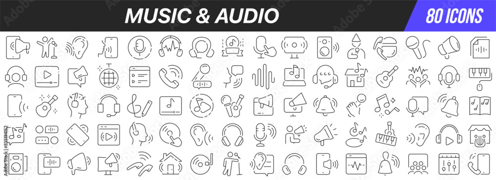 Music and audio line icons collection. Big UI icon set in a flat design. Thin outline icons pack. Vector illustration EPS10