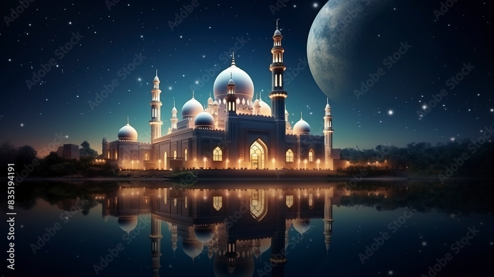 The beautiful serene mosque at night in the blessed month of ramadan the illuminated, Copy space, generative ai