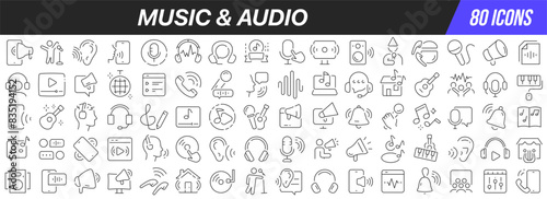 Music and audio line icons collection. Big UI icon set in a flat design. Thin outline icons pack. Vector illustration EPS10
