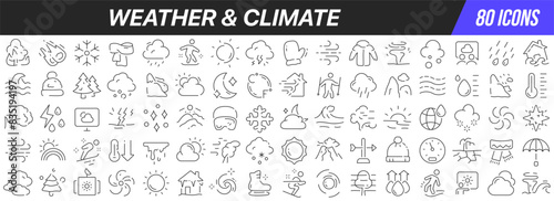 Weather and climate line icons collection. Big UI icon set in a flat design. Thin outline icons pack. Vector illustration EPS10