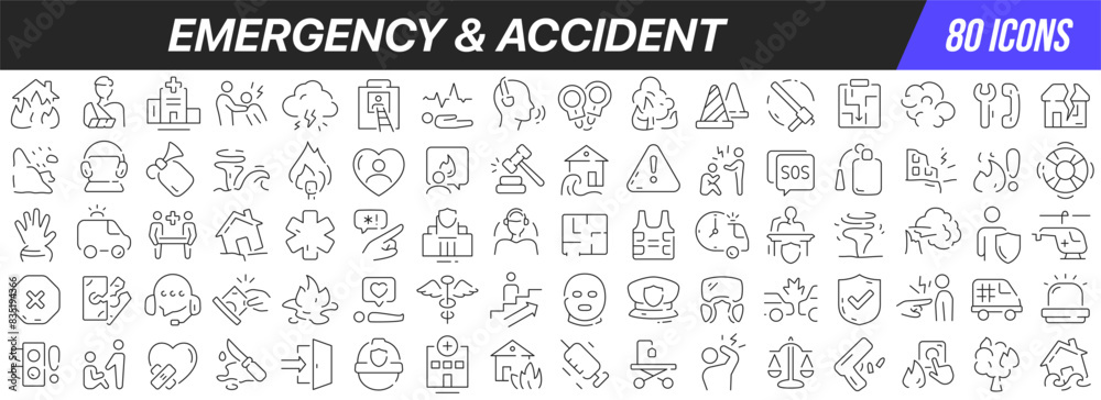 Emergency and accident line icons collection. Big UI icon set in a flat design. Thin outline icons pack. Vector illustration EPS10 Emergency and accident line icons collection. Big UI icon set in a flat design. Thin outline icons pack. Vector illustration EPS10