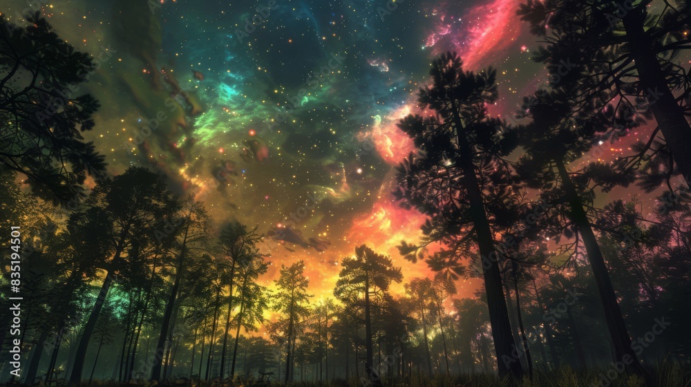 Southern Lights seen from a forest clearing, with tall trees framing the vibrant, glowing sky above. Southern Lights seen from a forest clearing, with tall trees framing the vibrant, glowing sky above.