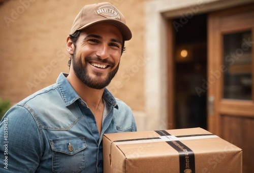 A man in a casual blue shirt smiles as he delivers a cardboard box. He's standing at the entrance to a house, with a friendly demeanor. © natakot