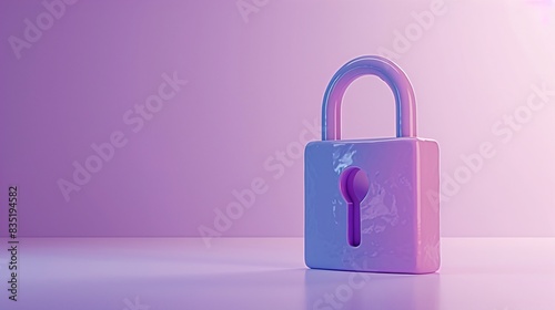 Purple padlock placed on a smooth surface with gradient lighting, representing security and protection in a modern minimalist design. 3D Illustration.