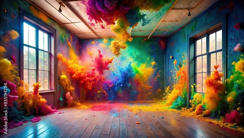 Colorful room with paint explosion perfect for photo studio or artist background , rainbow, vibrant, colorful, artistic, creative, studio, paint splatter, vibrant colors, room, backdrop