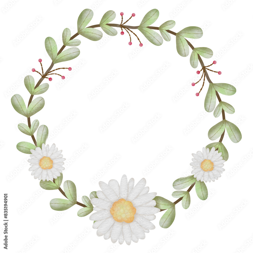 Wreath of flowers and leaves. Spring. Hand drawn. Wreath of flowers and leaves. Spring. Hand drawn.
