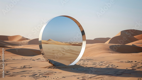 Mirror plane in the middle of sahara arabia sunny desert like a dream illusion portal or tourism travel mockup as wide commercial banner design with copy space isolated on white background  simple sty