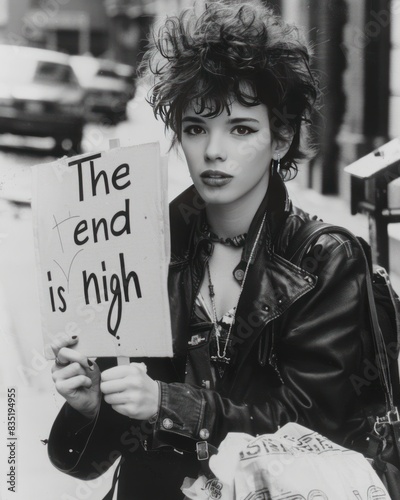 Black and white image features a young woman with a punk rock style holding a sign that reads 