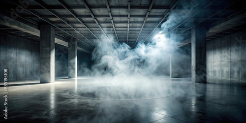 Dark room with concrete floor and swirling white fog   abstract  black background  stage  product placement  panoramic view  mist  smog  foggy  cloudiness  darkness  eerie  shadows  empty