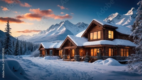 Landscape of wooden hotel in beautiful winter mountain valley