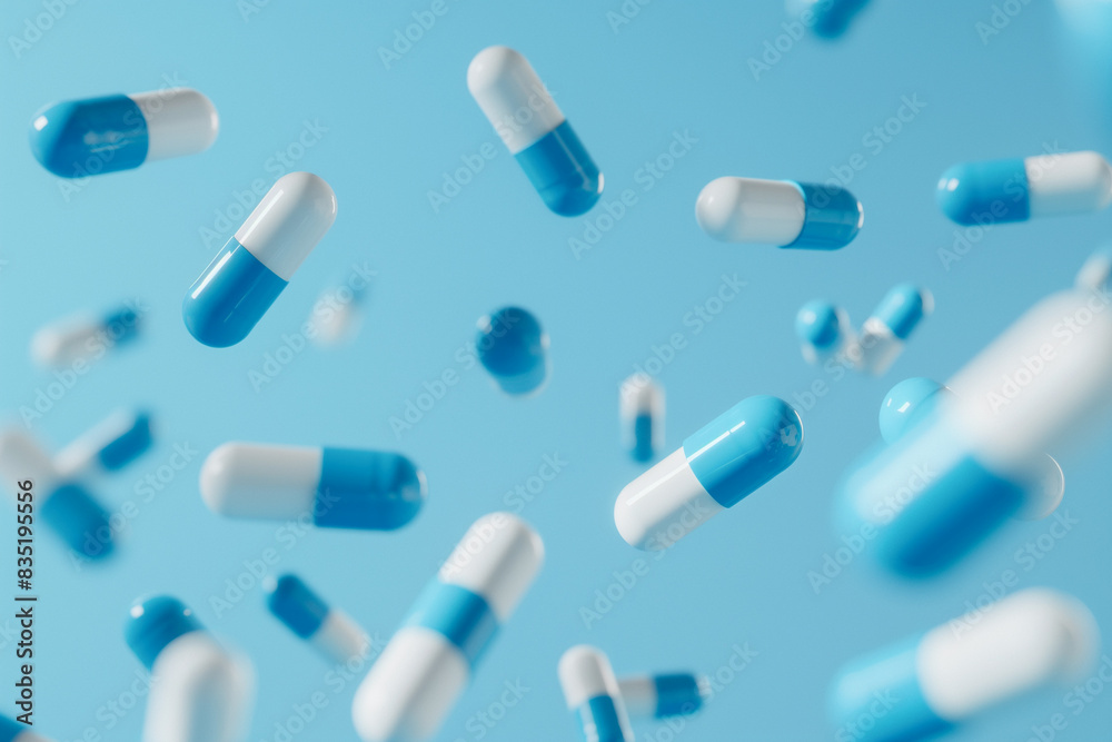 Blue and white capsules float against a light blue background, representing medication and healthcare. Blue and white capsules float against a light blue background, representing medication and healthcare.