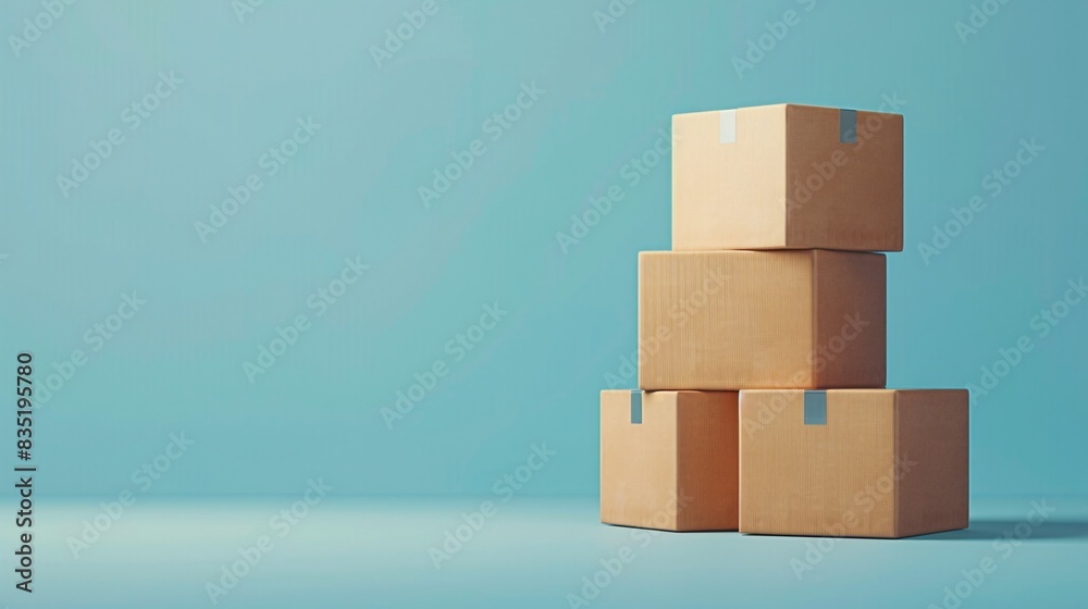 Stack of cardboard boxes against a blue background. Ideal for concepts related to storage, shipping, and moving. 3D Illustration. Stack of cardboard boxes against a blue background. Ideal for concepts related to storage, shipping, and moving. 3D Illustration.