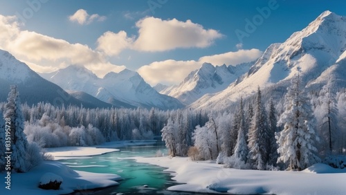 Wild river landscape flowing in frozen mountain valley, around beautifully snowy spruce trees © Damian Sobczyk