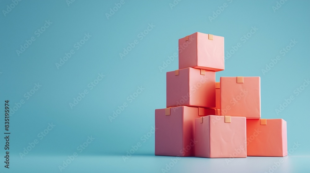 Obraz premium Stack of pink cardboard boxes arranged on a blue background. Concept of packaging, shipping, and delivery. Minimalist composition. 3D Illustration.