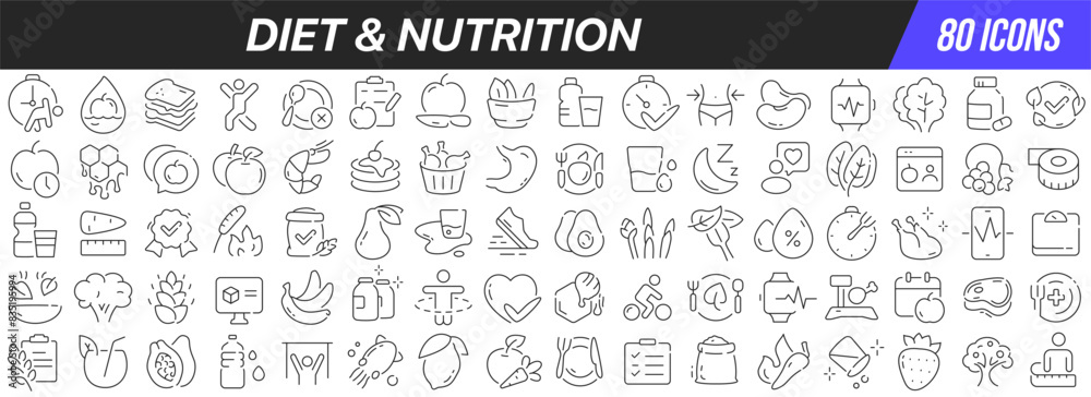 Diet and nutrition line icons collection. Big UI icon set in a flat design. Thin outline icons pack. Vector illustration EPS10 Diet and nutrition line icons collection. Big UI icon set in a flat design. Thin outline icons pack. Vector illustration EPS10
