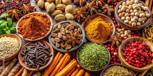 A close-up photo focusing on a variety of aromatic spices and nuts , flavorful, seasoning, culinary, ingredients, cooking, kitchen, healthy, organic, assortment, condiments, aromatic, flavors