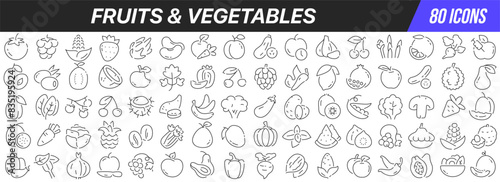 Fruits and vegetables line icons collection. Big UI icon set in a flat design. Thin outline icons pack. Vector illustration EPS10