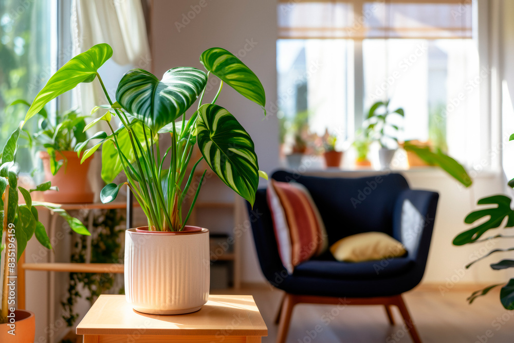 Fototapeta premium Houseplant, white and green with many variations, rare, large leaf, tropical, in a terracotta pot, in a bright living room full of green plants on a sunny day