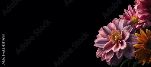 Close-up on beautiful blooming flowers  with a free area for adding text  isolated black background