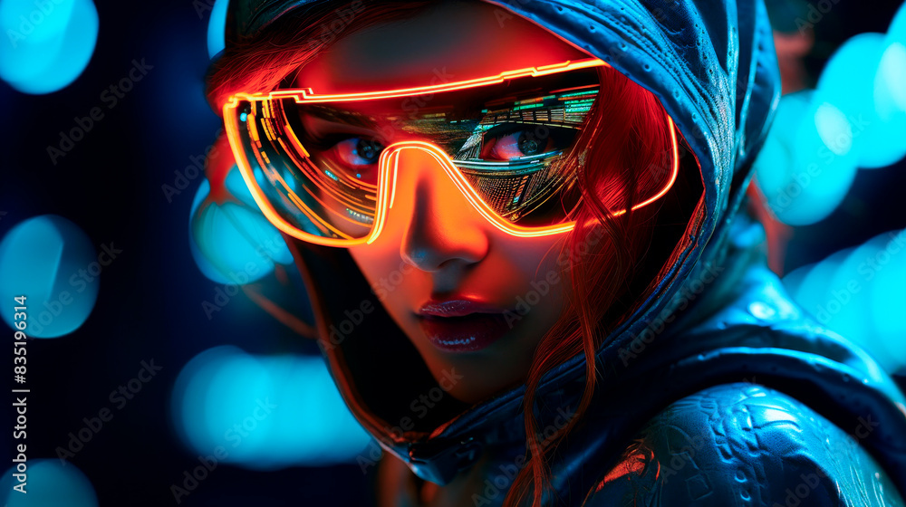 woman face with futuristic design glasses as a symbol of augmented reality and future computer technologies, close-up portrait, concept of cybernetics, biomechanics and robotics woman face with futuristic design glasses as a symbol of augmented reality and future computer technologies, close-up portrait, concept of cybernetics, biomechanics and robotics