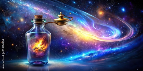 Genie emerging from galaxy bottle offering astronomical wishes , genie, galaxy, bottle, wish, grant, astronomical, space, magic, fantasy, mystical, star, universe, celestial, cosmic
