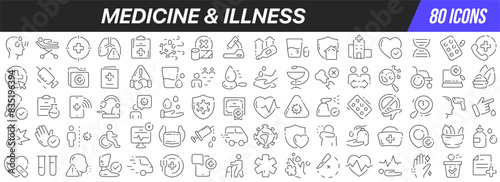 Medicine and illness line icons collection. Big UI icon set in a flat design. Thin outline icons pack. Vector illustration EPS10