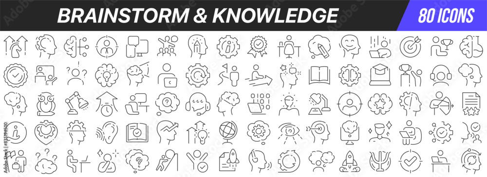 Brainstorm and knowledge line icons collection. Big UI icon set in a flat design. Thin outline icons pack. Vector illustration EPS10 Brainstorm and knowledge line icons collection. Big UI icon set in a flat design. Thin outline icons pack. Vector illustration EPS10