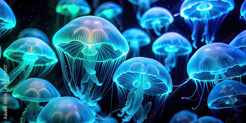 Bioluminescent jellyfish glowing in the dark depths of the deep sea ...