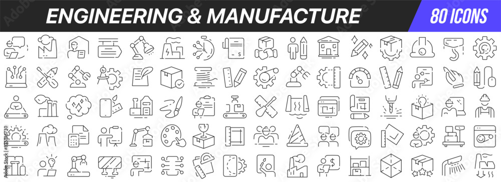 Engineering and manufacture line icons collection. Big UI icon set in a flat design. Thin outline icons pack. Vector illustration EPS10 Engineering and manufacture line icons collection. Big UI icon set in a flat design. Thin outline icons pack. Vector illustration EPS10