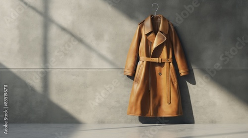 A leather trench coat hanging on a wooden hanger on a wall. photo