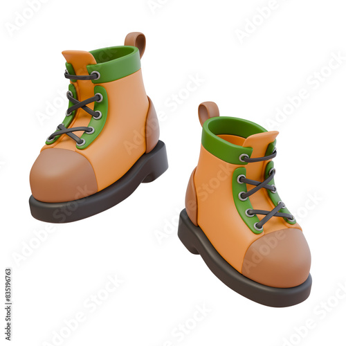 3d render illustration of hiking boots. Clothes shoes for camping, adventure. Forest mountain travel. Protective clothing. Isolated object