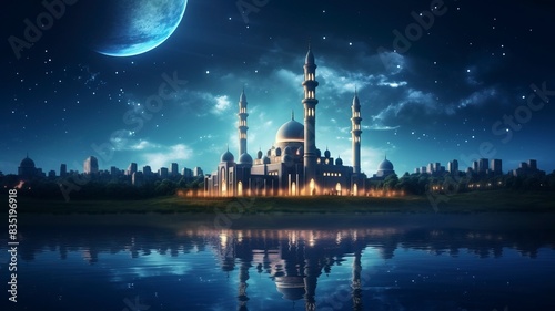 The beautiful serene mosque at night in the blessed month of ramadan the illuminated  Copy space  generative ai