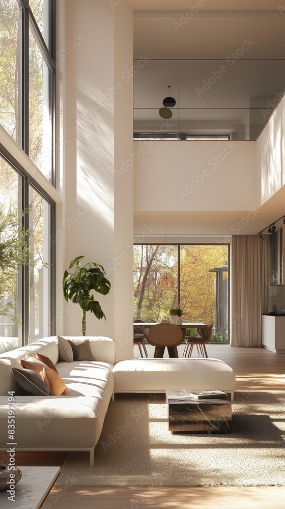 Fototapeta premium Vertical image of a modern living room with a high ceiling and floor-to-ceiling windows.