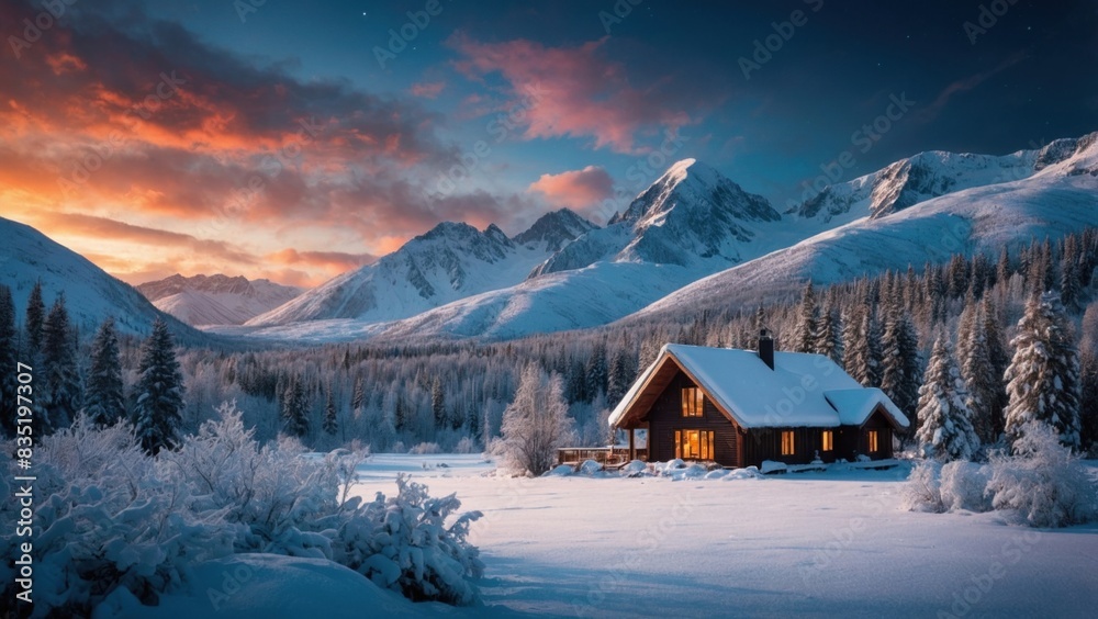 Fototapeta premium Landscape of wooden hotel in beautiful winter mountain valley