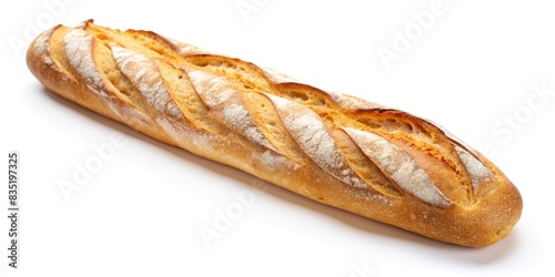 French baguette bread on white background, French cuisine, bakery, food, French culture, delicious, crusty, traditional, long bread, isolated, fresh, classic, European, culinary, appetizing