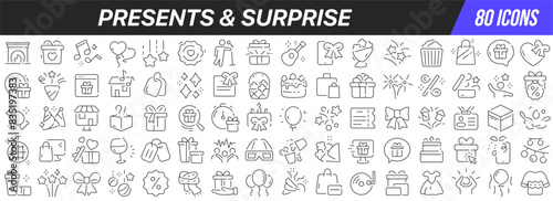 Presents and surprise line icons collection. Big UI icon set in a flat design. Thin outline icons pack. Vector illustration EPS10