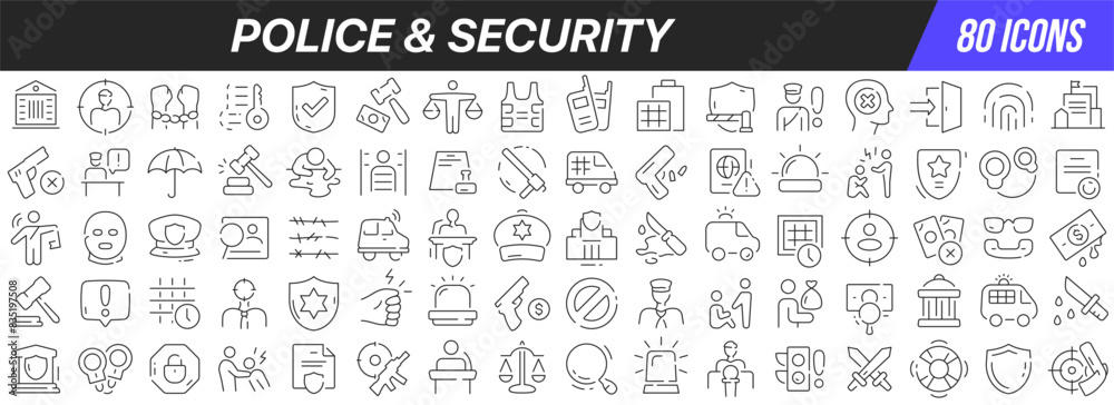 Police and security line icons collection. Big UI icon set in a flat design. Thin outline icons pack. Vector illustration EPS10 Police and security line icons collection. Big UI icon set in a flat design. Thin outline icons pack. Vector illustration EPS10